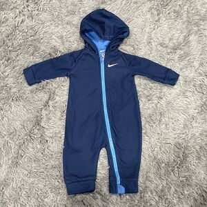 Nike Blue Hooded Fleece Lined Zip Up Coverall Romper Size 6 Months